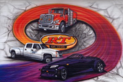 Airbrushed RT Automotive mural featuring a transport truck, pickup and sports car around the RT logo, established 1996